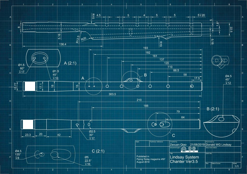 Blueprint-style draft drawing of the Lindsay System bagpipe chanter, designed by Zexuan Qiao using models and data provided by Donald Lindsay. Originally typeset and published in Piping Today magazine, issue 97