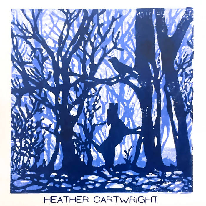 Front cover of Heather Cartwright's EP shows a lino print of a dog a bird in the woods.