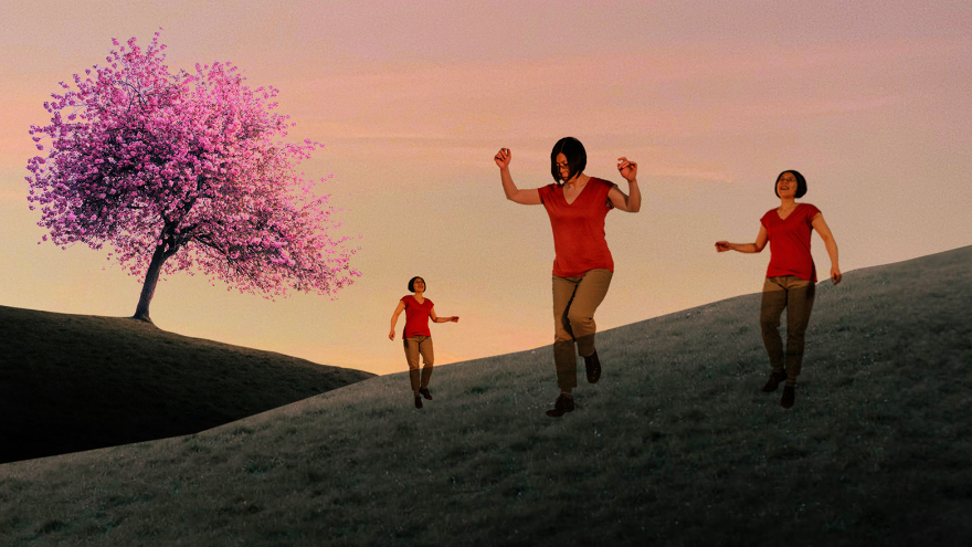 Percussive Step Dancer Kae Sakurai in front of a hill horizon