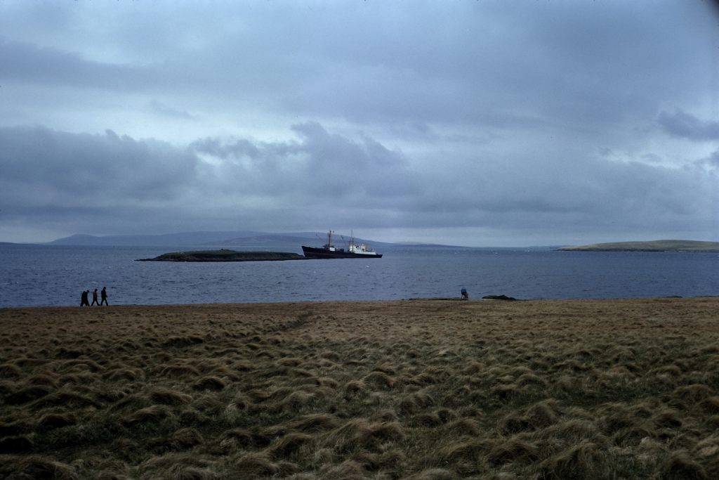 A view of vegetation before the sea, featuring a boat, hills in the distance, and 3 people walking.